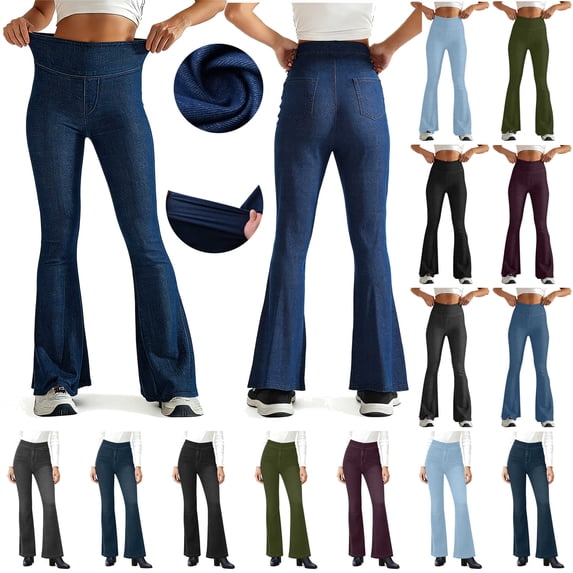 QATAINLAV Bell Bottom Jeans for Women High Waisted Stretchy Pull On Flared Jean Pants Solid Color Bootcut Faux Denim Trousers, Blue, XL