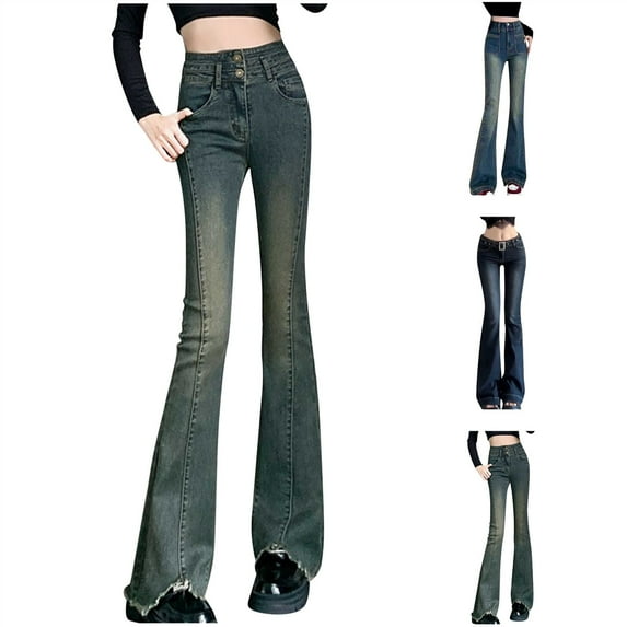 QATAINLAV Bell Bottom Jeans for Women Vintage High Waisted Stretch Slim Denim Trouser Frayed Raw Hem Jean Flared Pants Blue XL Mothers Day Gifts