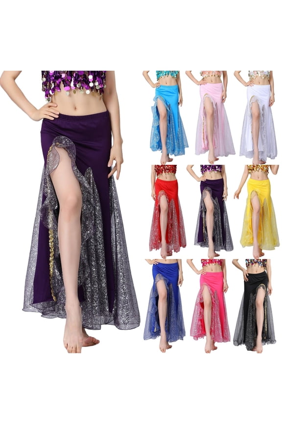 Belly Dance Skirt for Women Mesh Side Split Long Skirts Sequin Mermaid Bodycon Wrap Hip Skirt Pink