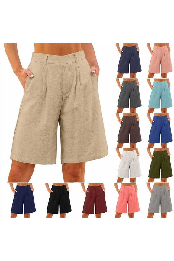 Bermuda Shorts for Women Baggy Dressy Casual Wide Leg Summer Shorts Solid Color Linen High Waisted Work Shorts with Pockets Blue XXL Lightning Sales