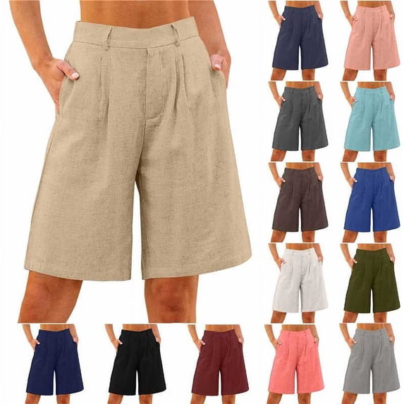QATAINLAV Bermuda Shorts for Women Baggy Dressy Casual Wide Leg Summer Shorts Solid Color Linen High Waisted Work Shorts with Pockets White XXL