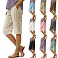 thumbnail image 1 of QATAINLAV Bermuda Shorts for Women Knee Length Cotton Linen Capris Solid Casual Side Button Summer Beach Shorts with Pockets Beige XL Mothers Day Gifts, 1 of 9