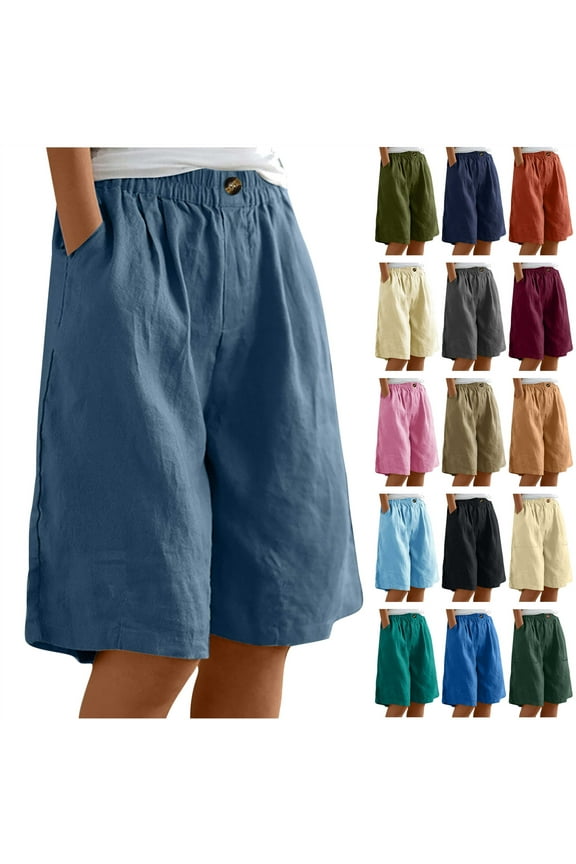 Bermuda Shorts for Women Knee Length Wide Leg Linen Summer Casual Long Shorts Loose High Waisted Capris with Pockets Beach Vacation Clothes Yellow XXXL Prime Sales of The Day