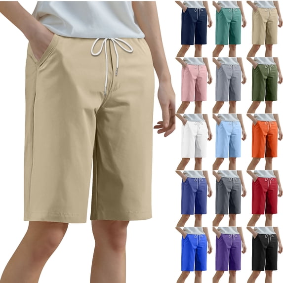 QATAINLAV Bermuda Shorts for Women Plus Size Loose Hiking Shorts Casual Drawstring Waist Knee Length Sweat Shorts with Pockets Navy XXXXXL