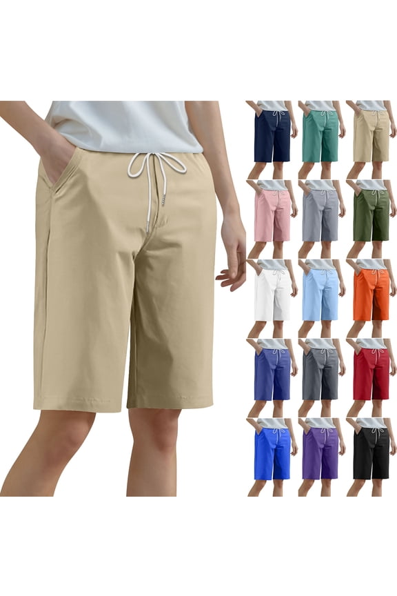 Bermuda Shorts for Women Plus Size Loose Hiking Shorts Casual Drawstring Waist Knee Length Sweat Shorts with Pockets Pink M Gifts for Mom