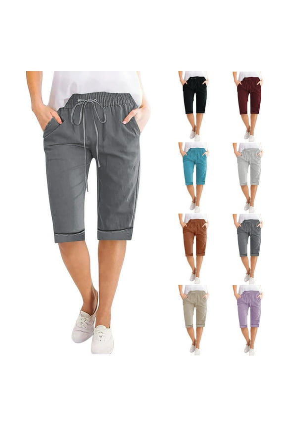 Bermuda Shorts for Women Trendy Summer Casual Cotton Linen Shorts Knee Length Elastic Waisted Drawstring Beach Pants with Pockets Wine L Summer Clearance Prime