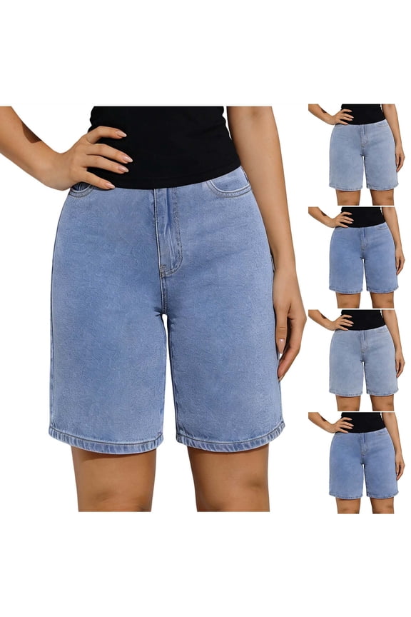 Bermuda Shorts for Women High Waisted Classic Casual Long Jean Shorts Solid Color Knee Length Denim Jorts with Pockets Light Blue M