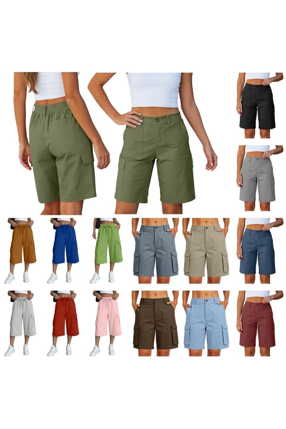 Bermuda Shorts for Women Knee Length Casual Summer Wide Leg Cargo Shorts Solid Color 11 Inch Inseam Long Shorts Navy L