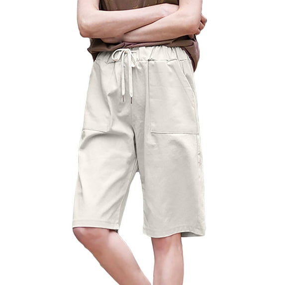 QATAINLAV Bermuda Shorts for Women Knee Length Wide Leg Shorts with Pockets Summer Casual Drawstring Solid Color Straight Pants, Beige, XXL