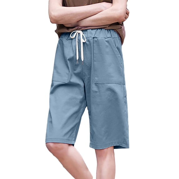 QATAINLAV Bermuda Shorts for Women Knee Length Wide Leg Shorts with Pockets Summer Casual Drawstring Solid Color Straight Pants, Blue, M