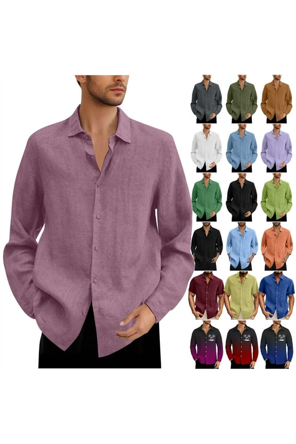 Best Sales Today Mens Cotton Linen Button Down Shirts Casual Long Sleeve Dress Shirts Solid Color Loose Fit Lapel Tee Tops Navy L