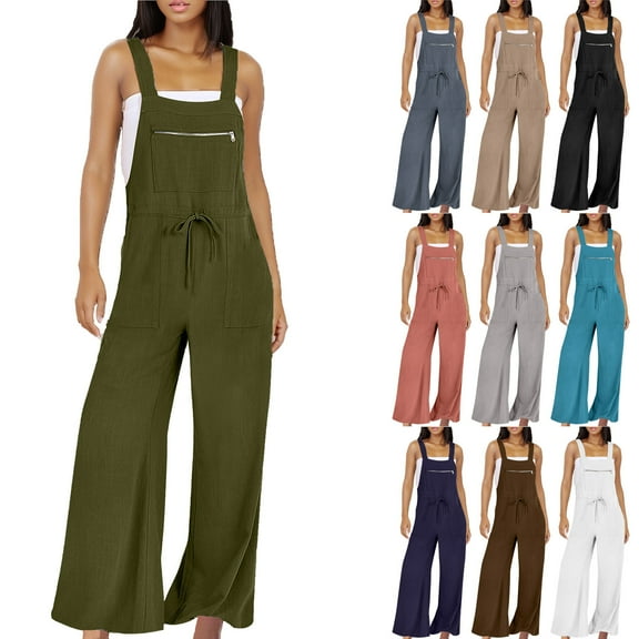 QATAINLAV Bib Overalls for Women Casual Baggy Wide Leg Jumpsuits 2025 Summer Cotton Linen Sleeveless Rompers One Piece Jumper Pants with Pockets Beach Outfits Green S Hoy Oferta Flash