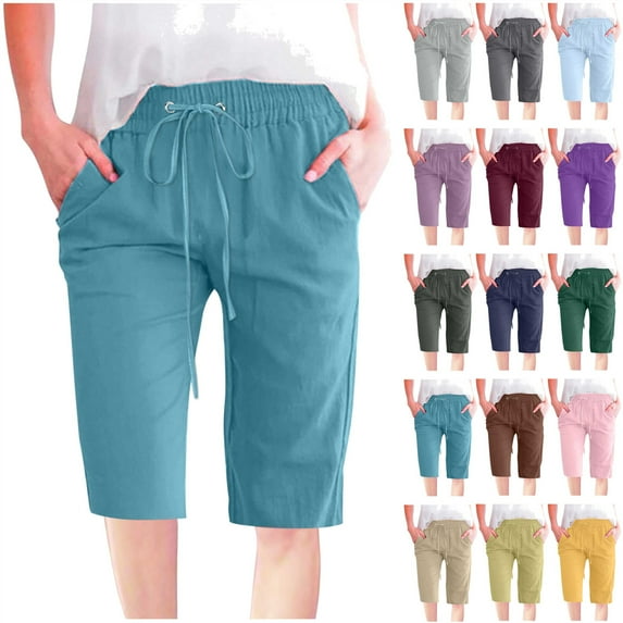 QATAINLAV Gifts for Mom, Shorts for Women Fashion Summer 2025 Beach Knee Length Shorts Cotton Linen Solid Bermuda Short Pants with Pockets Rose Gold XXXL