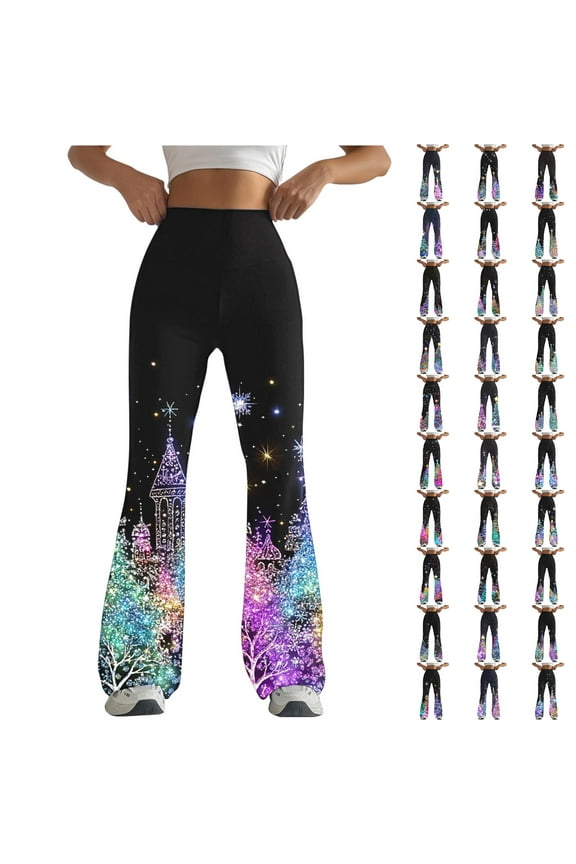 Gifts for Mom Womens High Waisted Flare Pants Christmas Milk Silk Soft Bootcut Yoga Pants Fashion Glitter Xmas Tree Printed Bell Bottoms Multicolor XL