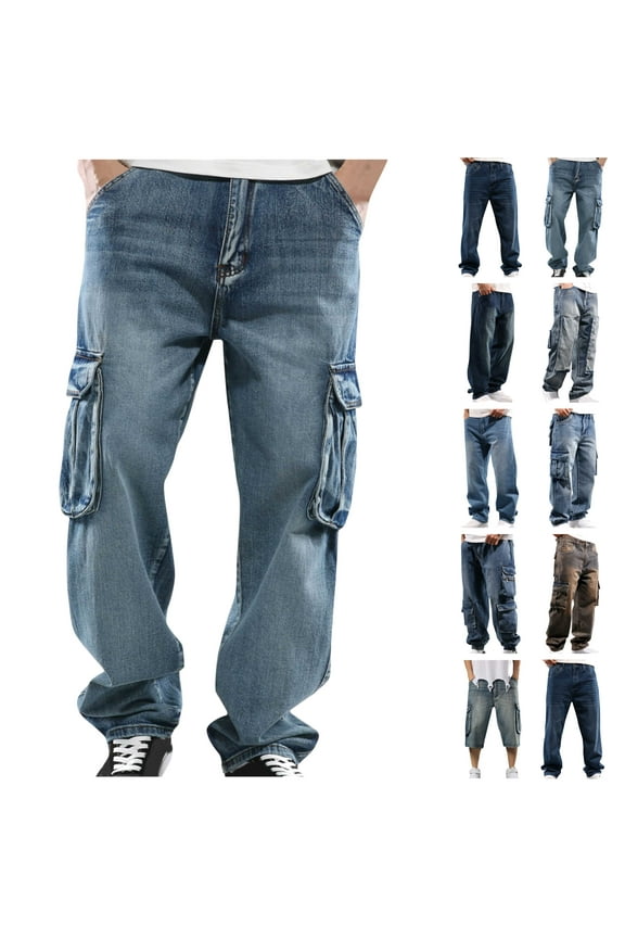 Big and Tall Jean Pants for Men Casual Relaxed Fit Wide Leg Denim Trousers Baggy Straight Jean Pants with Pockets Y2k Streetwear Hippie Clothes Blue XXL