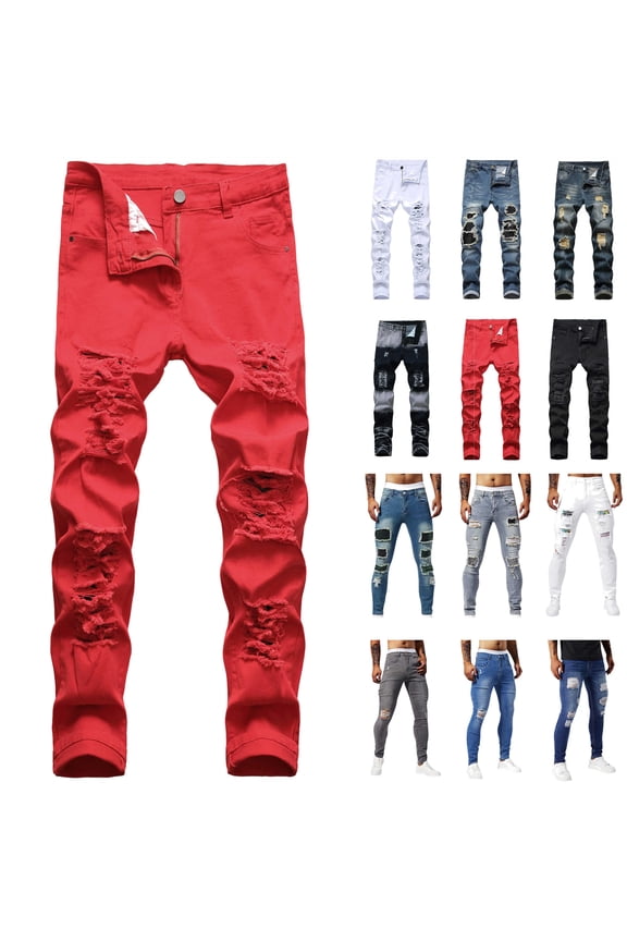 Big and Tall Skinny Jeans for Men Casual Ripped Denim Pants Slim Fit Stretch Distressed Jean Pants Vintage Streetwear Camisas Para Hombres Red L