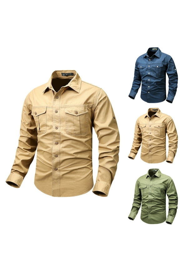 Big and Tall Tactical Shirts for Men with Pockets Casual Long Sleeve Button Down Cargo Shirts Solid Color Classic Lapel Work Tops Warehouse Sales Today Khaki 4XL