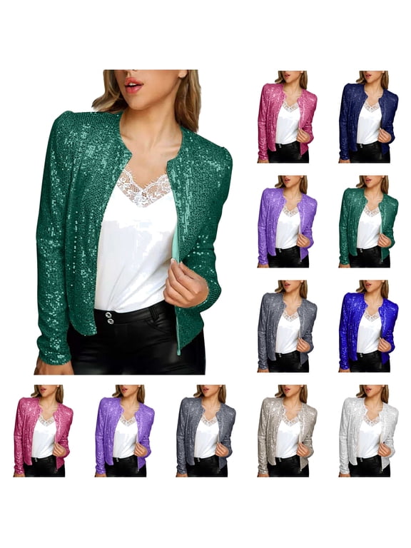 Women's Open Front Sequin Shrug Jacket Long Sleeve Cropped Blazers Fashion Sparkly Cardigan Coat for Club Party, Hot Pink, S