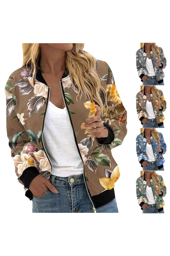 Birthday Gifts! Jackets for Women Fall Fashion Floral Print Coat with Pocket Lightweight Zip Up Bomber Jacket Dressy Casual Outerwear Blue M