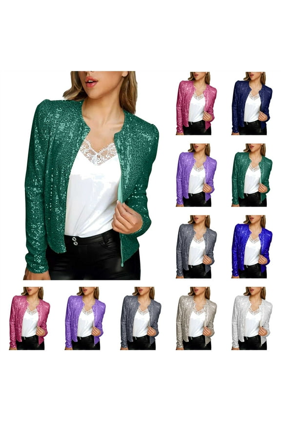 Women's Open Front Sequin Shrug Jacket Long Sleeve Cropped Blazers Fashion Sparkly Cardigan Coat for Club Party, Gold, S
