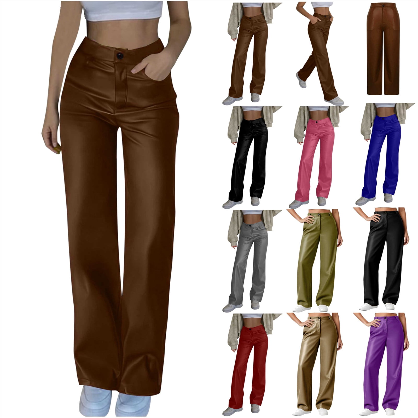 QATAINLAV Black Faux Leather Pants for Women High Waisted Wide Leg Long Pants Solid Color Baggy Trousers Fashion Clothes L