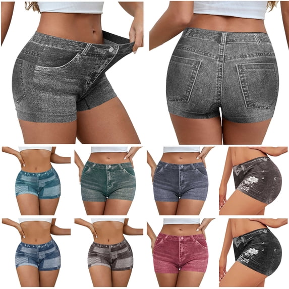 QATAINLAV Black Jeans Print Biker Shorts for Women Stretchy Slimming Butt Lifting Curvy Booty Jegging Shorts Workout Gym Clothes S
