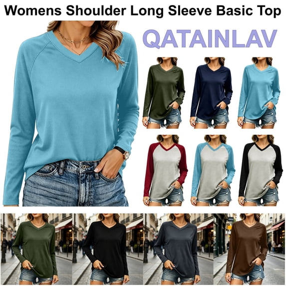 QATAINLAV Black Long Sleeve Shirts for Woman V Neck Lightweight Casual Basic Tees Loose Fit Solid Color Work Tops L