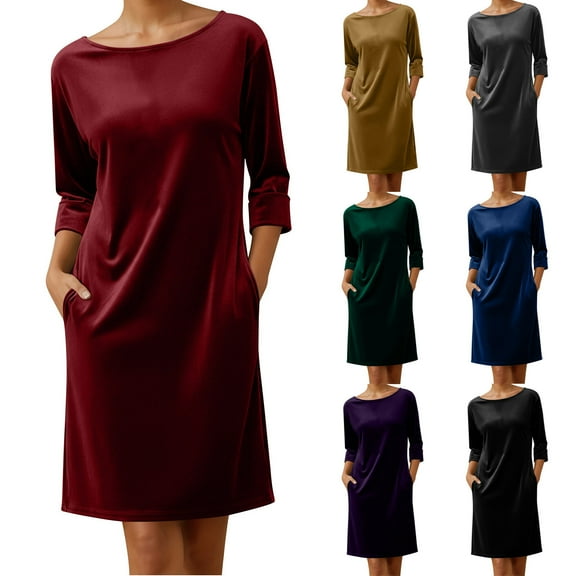 QATAINLAV Black Velvet Dress for Women Casual Crew Neck Long Sleeve Dresses Elegant Loose Fit Cocktail Party Maxi Dress with Pockets M