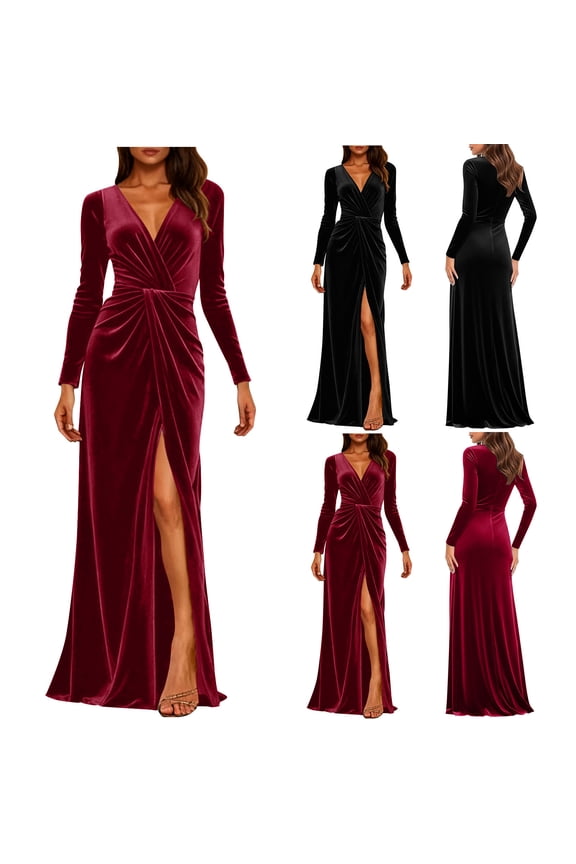 Black Velvet Dresses for Women Slit Wedding Guest Bridesmaid Dress Long Sleeve Bodycon Maxi Formal Dresses M