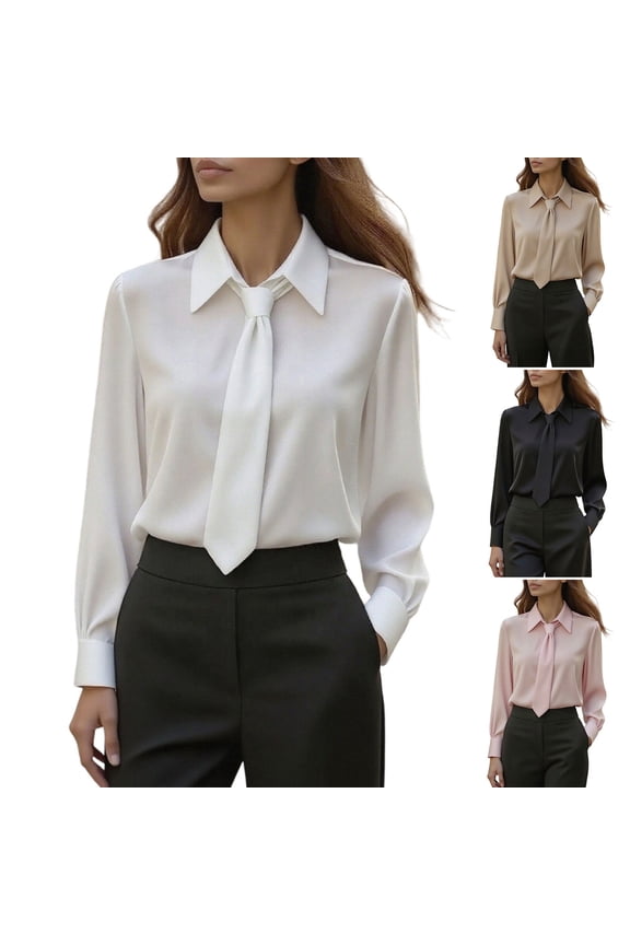 Black Women's Tie Neck Lapel Collar Work Tops Casual Satin Long Sleeve Shirts Elegant Dressy Blouse for Wedding Guest