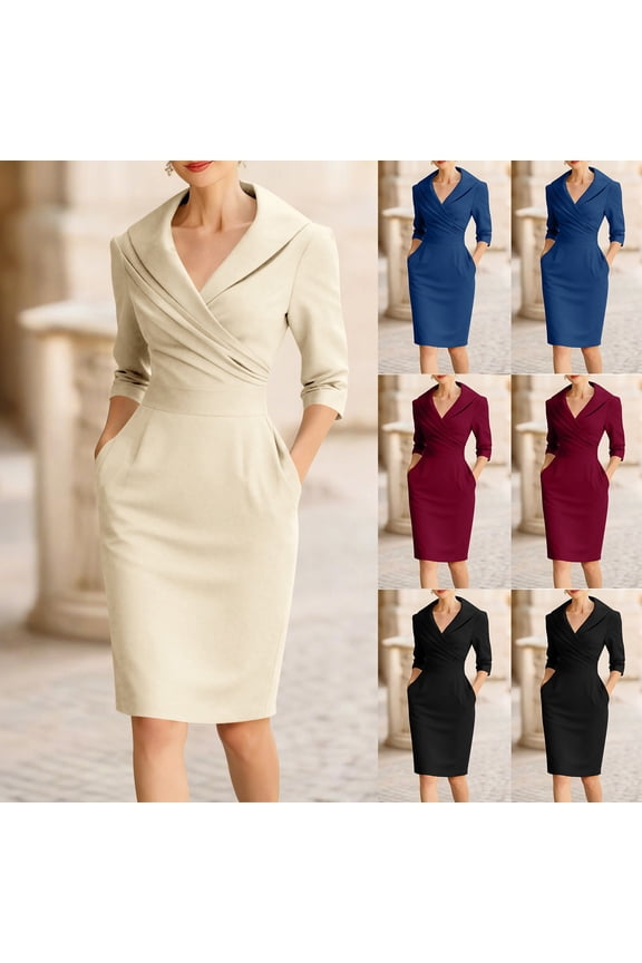 Black Women's Wear to Work Bodycon Dress 3/4 Sleeve Pleated V Neck Pencil Dresses Business Casual Office Outfits L