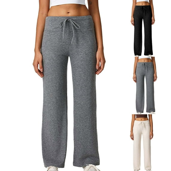 QATAINLAV Black Womens Sweatpants Ribbed Knit Wide Leg Yoga Pants Solid Color Casual Drawstring Joggers Athletic Outfits with Pockets
