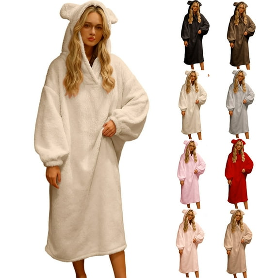 QATAINLAV Blanket Oversized Hoodie Pajamas for Women Cute Ear Hooded Sweatshirt Dress Long Sleeve Pullover Pajamas, Red, XXL