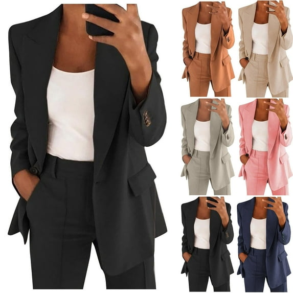 QATAINLAV Blazer Sets for Women Business Casual Blazer Jacket and Loose Straight Leg Pants 2 Piece Outfits Solid Color Work Clothing Suits Prime Sales Today Navy 3XL