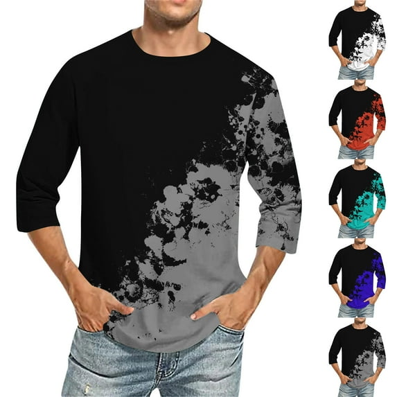 QATAINLAV Blouses for Men 3/4 Sleeve Athletic Shirts Casual Loose Fit Crew Neck Muscle Pullover Tops Fashion Tie Dye Prints Tshirts Light Blue M