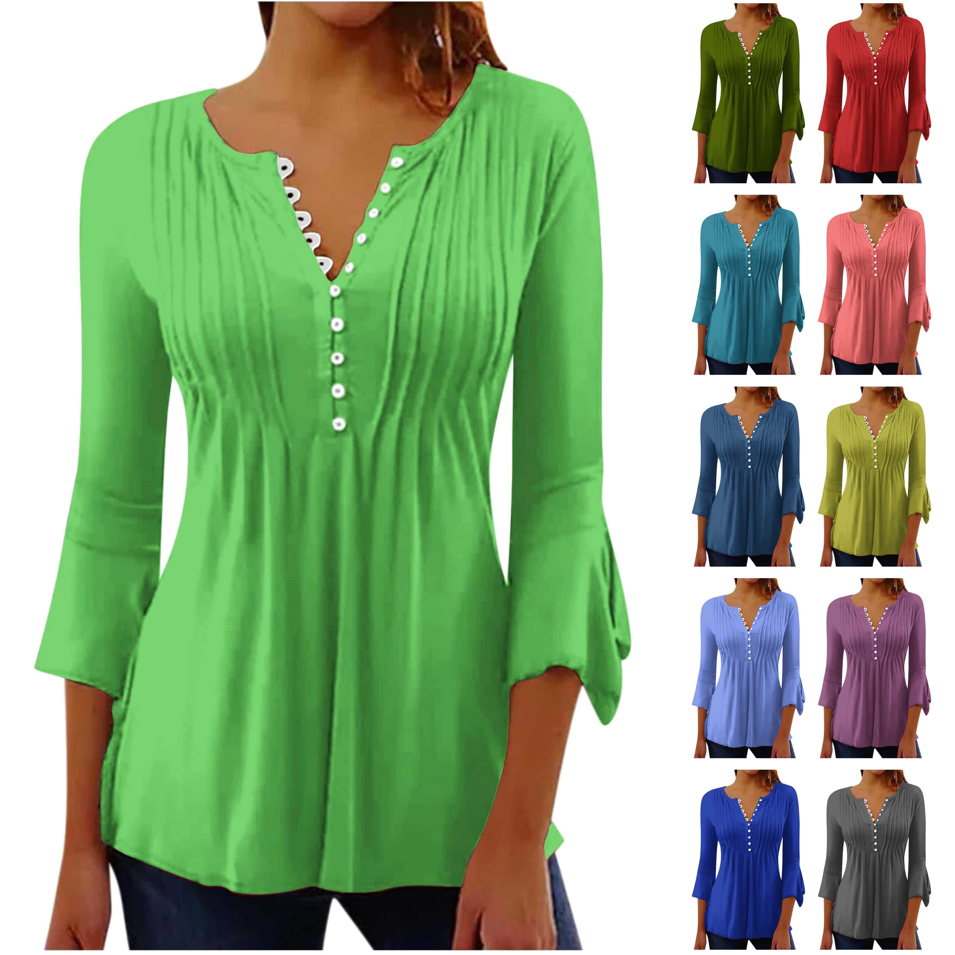 Women's Loose Fit Tunic Top - V-Neck Henley With 3/4 Bell Sleeves & Boho Floral Print - View #5