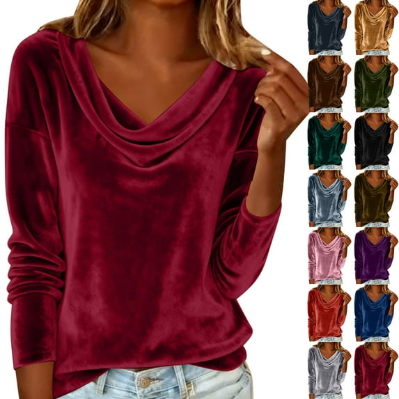 QATAINLAV Blouses for Women Business Casual Outfits Solid Color Elegant Velvet Long Sleeve Tops Cowl Neck Plus Size Shirts, Black, XXL