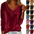 thumbnail image 1 of QATAINLAV Blouses for Women Business Casual Outfits Solid Color Elegant Velvet Long Sleeve Tops Cowl Neck Plus Size Shirts, Navy, XXXL, 1 of 10