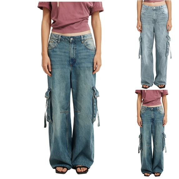 QATAINLAV Blue Wide Leg Jeans for Women High Waisted Baggy Ripped Jean Cargo Pants Solid Color Multi Pockets Denim Trousers