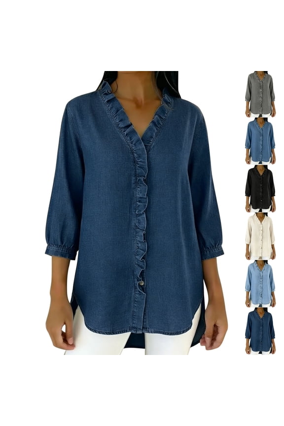 Blue Women's Faux Denim Tunic Tops Button Down Loose 3/4 Ruffle Sleeve Blouse Solid Color Casual Going Out Tee Shirts XXL
