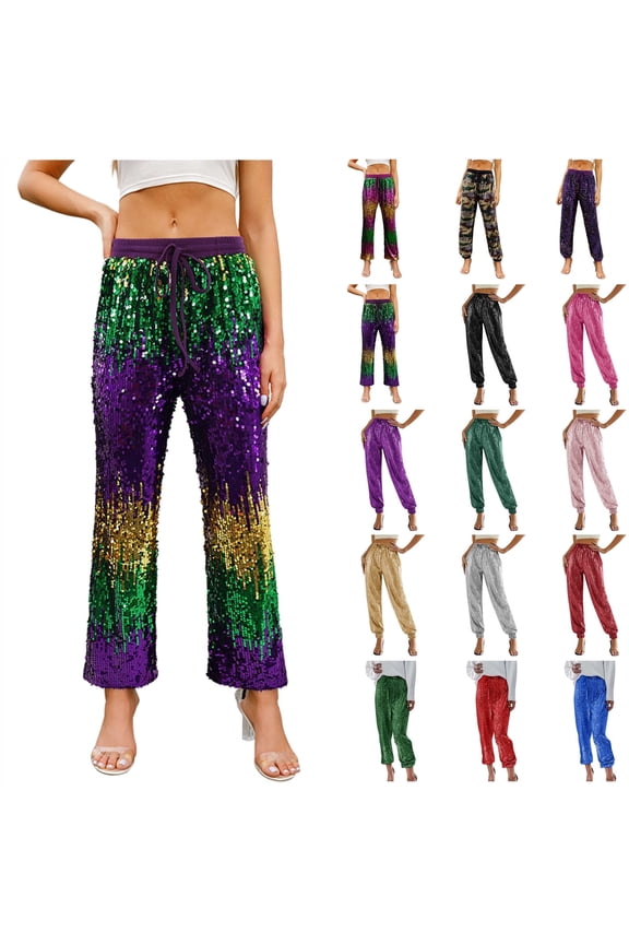Blue Women's Sparkly Sequin Sweatpants Casual Drawstring Elastic Waist Shiny Jogger Pants Clubwear
