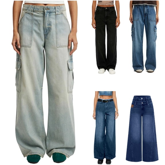 QATAINLAV Blue Womens Wide Leg Jeans Patchwork Layer High Waisted Button Denim Pants Dressy Casual Loose Jean Trousers