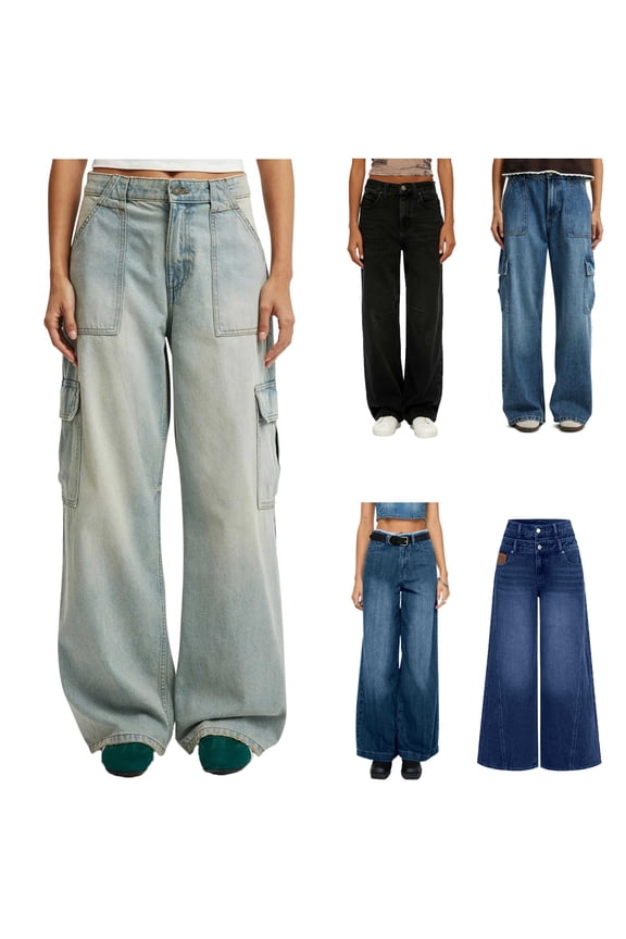 Blue Womens Wide Leg Jeans Patchwork Layer High Waisted Button Denim Pants Dressy Casual Loose Jean Trousers