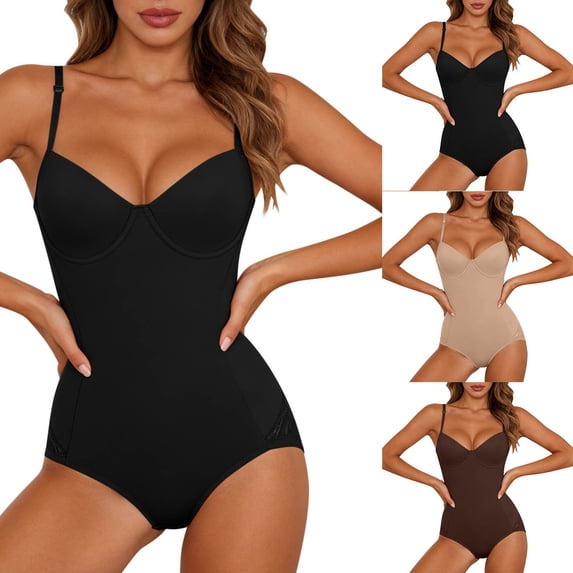QATAINLAV Bodysuit Shapewear for Women Tummy Control Backless Rompers with Built in Bra Solid Color Body Shaper Black S