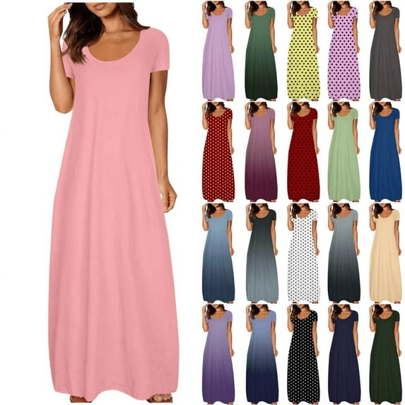 QATAINLAV Boho Dresses for Women 2025 Summer Maxi Y2k Solid Color Long Dress Short Sleeve V Neck Flowy Beach Sundress Pink XXXL Camisas Para Hombres