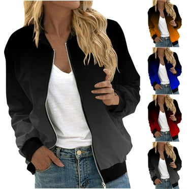 QATAINLAV Bomber Jacket for Women Gradient Print Baseball Jacket Lightweight Zip Up Flight Jacket Moto Windbreaker Outerwear with Pockets Daily Deals Orange S