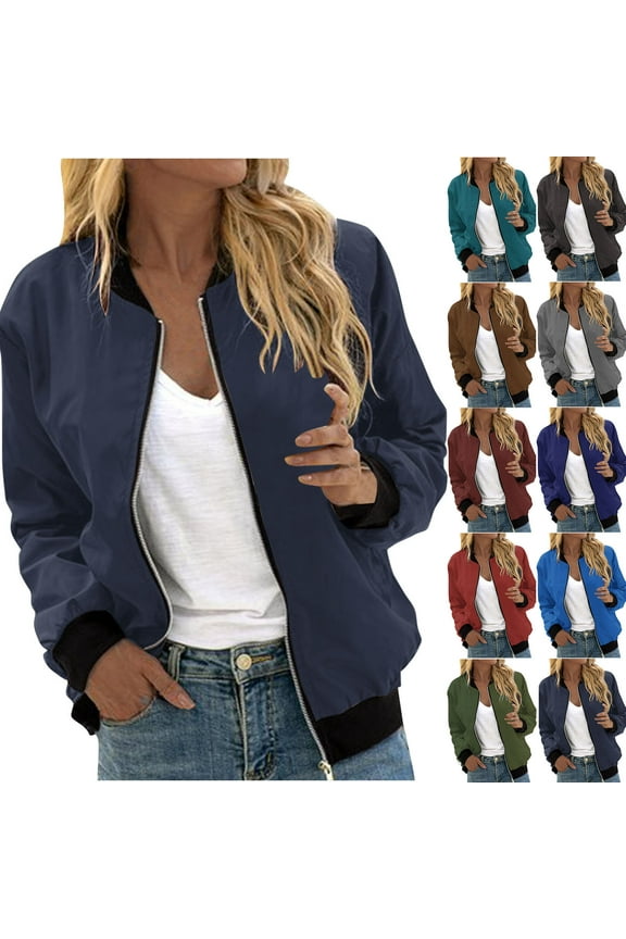 Bomber Jacket for Women Causal Zip Up Long Sleeve Coats Solid Color Stand Collar Fall Jackets Lightweight Outerwear Tops, Wine, S