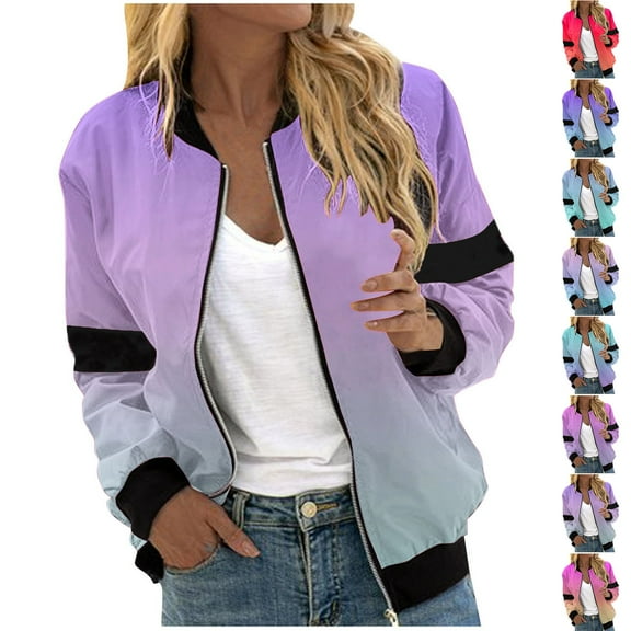 QATAINLAV Bomber Jacket for Women Fall Casual Coat Trendy Gradient Color Zip Up Outerwear Windbreaker with Pockets, Yellow, L