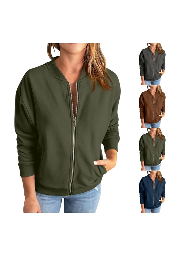 Bomber Jackets for Women Fall Fashion Long Sleeve Hoodless Baseball Outwear Activewear Lightweight Casual Zip Up Jacket with Pocket, Brown, L