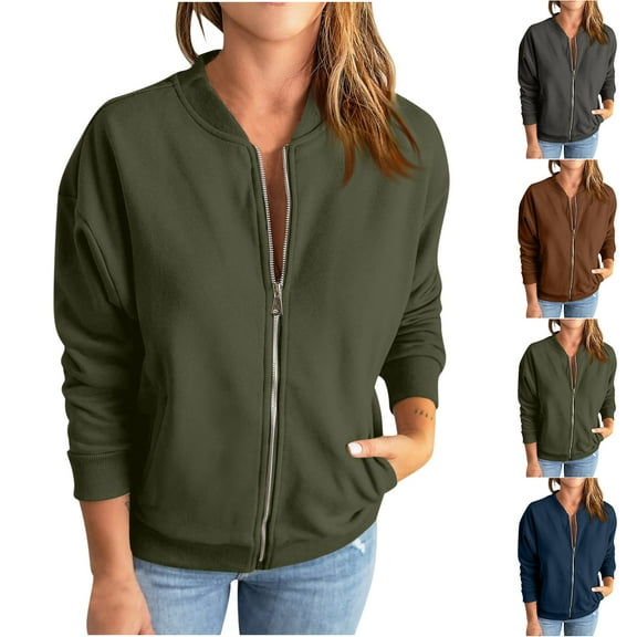 QATAINLAV Bomber Jackets for Women Fall Fashion Long Sleeve Hoodless Baseball Outwear Activewear Lightweight Casual Zip Up Jacket with Pocket, Dark Gray, L